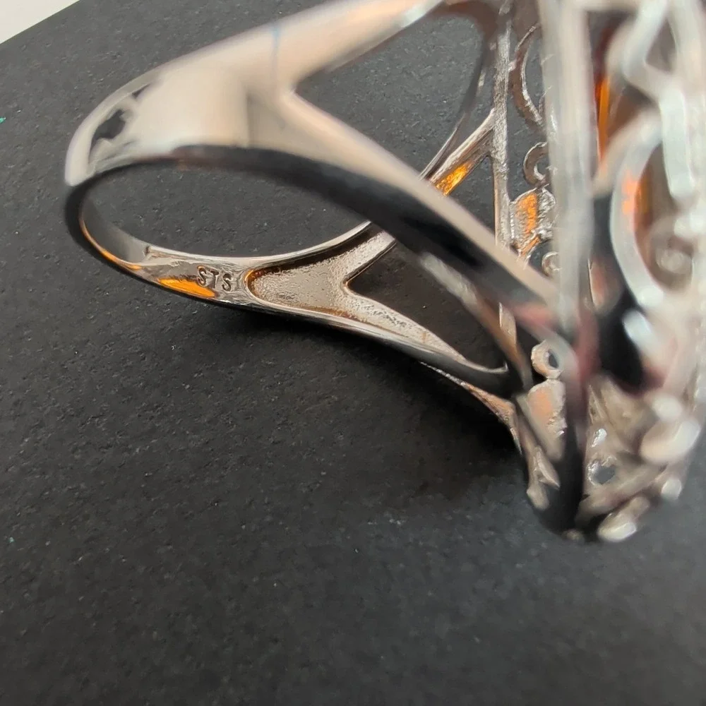 STS Jewels Sterling Silver & Cognac Amber Pebbled Filigree Statement Ring